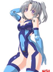 Rule 34 | 10s, 1girl, arm at side, arm up, bad id, bad pixiv id, breasts, busou shinki, closed mouth, covered navel, cyborg, dd (ijigendd), highres, joints, leotard, looking at viewer, medium breasts, numbered, purple eyes, raptias, robot joints, short hair, silver hair, simple background, smile, solo, standing, twintails, white background