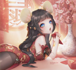 Rule 34 | 1girl, 2020, animal ear fluff, animal ears, artist name, bare shoulders, black bra, black hair, black pantyhose, blue eyes, blunt bangs, box, bra, bra peek, braid, branch, breasts, chestnut mouth, china dress, chinese clothes, chinese new year, chinese zodiac, cowboy shot, curtains, day, detached sleeves, dress, floral print, flower, flower braid, food, from side, hair flower, hair ornament, hair ribbon, half updo, highres, holding, hongbao, indoors, jade (gemstone), jewelry, long hair, looking away, looking to the side, looking up, lying, mouse ears, mouse girl, multiple braids, new year, o-ring, on stomach, open mouth, original, pantyhose, pink flower, plum blossoms, print dress, red dress, red ribbon, red theme, ribbon, ring, round window, see-through silhouette, side braid, side slit, sidelocks, snack, solo, sunlight, sweets, tenzayda, thighband pantyhose, underwear, vase, very long hair, window, year of the rat