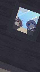 Rule 34 | 2girls, ahoge, blue eyes, blue sky, blunt bangs, blush stickers, brown eyes, brown hair, chibi, closed mouth, cloud, collared shirt, cross tie, day, dutch angle, expressionless, from below, from inside, grey hair, headgear, highres, hole in ceiling, kizuna akari, konohoshi, light rays, looking at viewer, looking down, multiple girls, shirt, sky, sunbeam, sunlight, touhoku kiritan, vocaloid, voiceroid, white shirt, wide shot