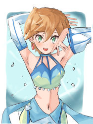 Rule 34 | 1girl, absurdres, armpits, bare shoulders, blush, breasts, creatures (company), detached sleeves, earrings, eyelashes, game freak, green eyes, highres, jewelry, looking at viewer, misty (pokemon), misty (sygna suit) (pokemon), monmon (monmon k18), navel, nintendo, official alternate costume, open mouth, orange hair, pokemon, pokemon masters ex, shirt, short hair, skirt, smile, solo