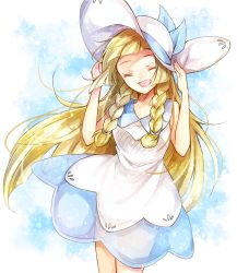 Rule 34 | 1girl, bare arms, blonde hair, blue ribbon, braid, closed eyes, commentary request, creatures (company), dress, eyelashes, floating hair, game freak, hair tie, hands on headwear, hat, hat ribbon, highres, lillie (pokemon), nintendo, open mouth, pokemon, pokemon sm, ribbon, see-through, sleeveless, sleeveless dress, solo, sun hat, teeth, tongue, twin braids, white dress, white hat, wind, yomogi (black-elf)