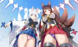 Rule 34 | 2girls, :d, akagi (azur lane), animal ears, azur lane, between fingers, blue eyes, blue skirt, blue sky, blunt bangs, blush, bob cut, breasts, brown hair, cameltoe, corset, day, fox ears, fox tail, from below, glowing, gluteal fold, grin, hair ornament, hairclip, hand on own chest, highres, holding, japanese clothes, kaga (azur lane), kimono, kitsune, large breasts, light particles, long hair, long sleeves, looking at viewer, looking down, miniskirt, multiple girls, open mouth, outdoors, panties, pantyshot, parted lips, pink panties, pleated skirt, purple panties, red eyes, red skirt, saruchitan, shikigami, silver hair, skindentation, skirt, sky, smile, standing, tail, teeth, thighs, underboob, underbust, underwear, very long hair, white kimono, wide sleeves