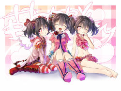 Rule 34 | 10s, 3girls, ^ ^, barefoot, bikini, black hair, boots, bow, closed eyes, dress, flower, frilled bikini, frills, hair bow, hair ornament, hair ribbon, headset, heart, looking at viewer, love live!, love live! school idol project, multiple girls, multiple persona, navel, one eye closed, red dress, red eyes, ribbon, rose, sailor collar, scrunchie, shipii (jigglypuff), short hair, striped clothes, striped legwear, striped thighhighs, swimsuit, thighhighs, twintails, valentine, wings, yazawa nico