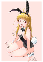 1girl ahoge animal_ear_hairband animal_ears arm_support black_bow black_bowtie black_leotard blonde_hair bow bowtie breasts brown_eyes cleavage detached_collar fake_animal_ears fake_tail hairband leotard long_hair looking_at_viewer open_mouth original pink_background playboy_bunny rabbit_ear_hairband rabbit_ears rabbit_tail simple_background sitting small_breasts solo strapless strapless_leotard tail teeth upper_teeth_only wrist_cuffs yamanaka_kouji_(yanchiki2001) yokozuwari