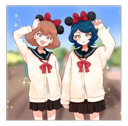 Rule 34 | 2girls, :d, alternate costume, arm up, black sailor collar, black skirt, blue hair, blue sky, blurry, blurry background, blush, border, bow, bowtie, brown hair, cardigan, cowboy shot, green eyes, gundam, gundam suisei no majo, hair bow, long sleeves, looking at viewer, mickey mouse ears, multiple girls, norea du noc, open mouth, pleated skirt, red bow, red bowtie, sailor collar, short hair, skirt, sky, smile, sophie pulone, sparkle, standing, zola (5ru5nzola)