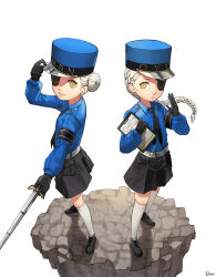 Rule 34 | 10s, 2girls, adjusting clothes, adjusting headwear, arm up, armband, artist name, black gloves, black necktie, black shorts, blue shirt, braid, caroline (persona 5), clipboard, closed mouth, collared shirt, expressionless, eyepatch, floating rock, full body, gloves, grin, hair bun, hand on headwear, hat, highres, holding, jehyun, justine (persona 5), kneehighs, long hair, long sleeves, looking at viewer, multiple girls, necktie, one eye covered, parted lips, persona, persona 5, pointer, shirt, shorts, siblings, silver hair, simple background, single braid, single hair bun, sisters, smile, socks, standing, thighhighs, twins, white background, white socks, white thighhighs, wing collar, yellow eyes, zettai ryouiki