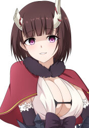 Rule 34 | + +, 1girl, black gloves, blunt bangs, bob cut, breasts, broken horn, capelet, cleavage, demon girl, demon horns, elbow gloves, eriko (princess connect!), gloves, highres, horns, inverted bob, large breasts, light blush, looking at viewer, midori (user nsaz3272), parted lips, princess connect!, red capelet, short hair, simple background, smile, solo, symbol-shaped pupils, upper body, white background