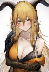 Rule 34 | 1girl, absurdres, animal ears, arknights, black bra, blonde hair, blush, bra, breasts, brown jacket, cleavage, closed mouth, collarbone, commentary request, degenbrecher (arknights), eyelashes, goat ears, goat girl, goat horns, hair between eyes, highres, horns, jacket, large breasts, long hair, looking at viewer, open clothes, open shirt, orange shirt, scar, scar on face, scar on mouth, scar on shoulder, shirt, simple background, solo, tab head, underwear, upper body, white background, yellow eyes