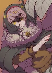 Rule 34 | 1girl, bird tail, black hair, blush, closed mouth, commentary request, dodo (kemono friends), empty eyes, feathers, fur collar, fur trim, gradient background, grey skirt, hair between eyes, hair ornament, hairband, kemono friends, long sleeves, looking at viewer, multicolored hair, nail, nail polish, notora, pink hair, pleated skirt, poncho, red hairband, red nails, short hair, simple background, skirt, solo, sweater, tail, yellow eyes