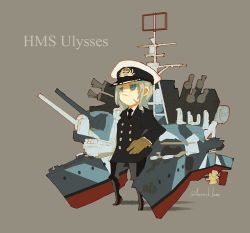Rule 34 | 1girl, antennae, asterisk kome, bandages, bandage on face, blonde hair, boots, camouflage, character name, chibi, cruiser, depth charge, gloves, green eyes, gun, hand on own hip, hat, hms ulysses (novel), injury, military, military uniform, military vehicle, necktie, original, personification, propeller, radar, royal navy, shadow, ship, short hair, sketch, solo, twitter username, uniform, warship, watercraft, weapon, world war ii