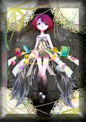 Rule 34 | 1girl, absurdres, bare shoulders, black eyes, bow, commentary request, dress, expressionless, feathered wings, full body, gem, highres, looking up, low wings, nomura kitan, original, parted lips, red hair, short dress, short hair, solo, strapless, strapless dress, wings