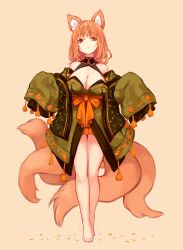 Rule 34 | 1girl, animal ear fluff, animal ears, bare shoulders, barefoot, breasts, cleavage, fox ears, fox girl, fox tail, full body, highres, japanese clothes, large breasts, long sleeves, multiple tails, off shoulder, orange hair, original, short hair, simple background, sleeves past fingers, sleeves past wrists, solo, standing, sukemyon, tail