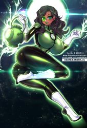 Rule 34 | 1girl, ass, aura, black bodysuit, black hair, bodysuit, boots, breasts, commission, dark skin, dc comics, elbow gloves, facial mark, flying, gloves, green eyes, green lantern, green lantern (series), green lantern corps, green lips, highres, holding, jessica cruz, lantern, large breasts, lips, long hair, markings, osiimi, skin tight, sky, smile, space, star (sky), starry sky, thighs, watermark, web address, white footwear, white gloves