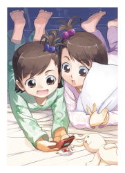 Rule 34 | 00s, 2girls, barefoot, brown eyes, brown hair, rabbit, cellphone, doll, futami ami, futami mami, hair bobbles, hair ornament, idolmaster, idolmaster (classic), lying, multiple girls, hugging object, on stomach, pajamas, phone, pillow, pillow hug, siblings, side ponytail, sisters, stuffed animal, stuffed rabbit, stuffed toy, the pose, twins