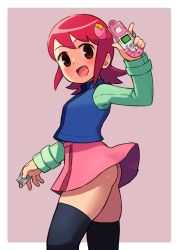 Rule 34 | 1girl, ass, black thighhighs, blush, brown eyes, cellphone, chiwino, cowboy shot, feet out of frame, female focus, from side, hair ornament, hairclip, happy, highres, holding, long sleeves, looking at viewer, mayl sakurai (mega man), mega man (series), miniskirt, no panties, open mouth, phone, pink hair, pink skirt, short hair, sidelocks, skirt, smile, solo, standing, thighhighs, thighs, vest
