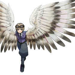 Rule 34 | 1girl, black necktie, byte (grunty-hag1), feathered wings, female focus, formal, goggles, goggles on head, harpy, monster girl, necktie, original, short hair, simple background, solo, suit, white background, wings