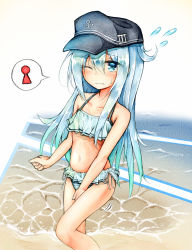 Rule 34 | 1girl, beach, between legs, bikini, black hat, blue bikini, blue eyes, blue hair, blush, collarbone, embarrassed, female focus, flat chest, flying sweatdrops, hand between legs, hat, have to pee, hibiki (kancolle), highres, kantai collection, long hair, looking at viewer, navel, one eye closed, outdoors, solo, speech bubble, standing, sweat, swimsuit, watakarashi, water, wavy mouth, wince
