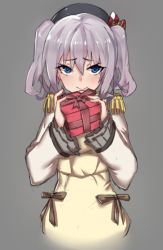 Rule 34 | 10s, 1girl, apron, bad id, bad pixiv id, beret, blue eyes, blush, epaulettes, gift, grey hair, hat, kantai collection, kashima (kancolle), looking at viewer, smile, solo, twintails, valentine, wulazula