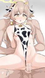 Rule 34 | 1boy, 1girl, absurdres, alternate costume, animal ears, animal print, arm grab, back, backless outfit, backless swimsuit, bar censor, bare arms, bare legs, bare shoulders, bell, bikini, blue archive, blush, breasts, censored, collarbone, cow ears, cow horns, cow print, cowbell, donutman, ear tag, fake animal ears, fake horns, grabbing, grabbing from behind, hair bell, hair ornament, halo, halterneck, hetero, hifumi (blue archive), highleg, highleg leotard, highres, horns, leotard, light brown hair, long hair, low twintails, motion lines, navel, open mouth, penis, pussy, sensei (blue archive), sex, simple background, small breasts, solo focus, spread legs, stomach bulge, swimsuit, teeth, testicles, twintails, underboob, upper teeth only, vaginal, white background, wide-eyed, wing hair ornament, wings, yellow eyes