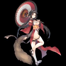 Rule 34 | 1girl, animal ears, black hair, breasts, carrying over shoulder, cleavage, closed mouth, detached sleeves, fang, full body, hairband, highres, long hair, medium breasts, mitsumi misato, official art, parasol, pelvic curtain, red eyes, sandals, shis, solo, tail, thighhighs, transparent background, twintails, umbrella, utawarerumono, utawarerumono: futari no hakuoro, utawarerumono: lost flag, white thighhighs, wide sleeves
