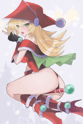 Rule 34 | 1girl, absurdres, ass, bare shoulders, black gloves, blonde hair, blush, blush stickers, breasts, bridal gauntlets, capelet, christmas, dark magician girl, duel monster, fingerless gloves, from side, fur trim, gloves, green eyes, grey background, hair between eyes, hat, highleg, highleg leotard, highres, huge ass, kataku musou, large breasts, leotard, long hair, looking at viewer, looking to the side, magical girl, open mouth, red footwear, red hat, red leotard, revealing clothes, santa costume, santa hat, simple background, solo, thighs, traditional media, v, wand, wizard hat, yu-gi-oh!