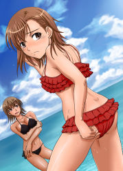 Rule 34 | 2girls, adjusting clothes, adjusting swimsuit, age difference, ass, breasts, brown eyes, brown hair, butt crack, cleavage, dimples of venus, highres, inanaki shiki, misaka mikoto, misaka misuzu, mother and daughter, multiple girls, navel, swimsuit, toaru majutsu no index, water