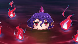 Rule 34 | 1girl, bags under eyes, blood, blush, drinking, fireball, half-closed eyes, head only, highres, horns, mouth under water, partially submerged, pointy ears, purple hair, red eyes, red ocean, single horn, smile, solo, tenkajin chiyari, touhou, zanika