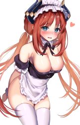 Rule 34 | 1girl, alternate costume, apron, aqua eyes, arms behind back, bare shoulders, breasts, cleavage, cowboy shot, detached collar, dress, enmaided, frilled hairband, frills, genshin impact, hairband, heart, highres, horns, long hair, looking at viewer, low twintails, maid, maid headdress, medium breasts, nilou (genshin impact), parted bangs, parted lips, red hair, shiny skin, short sleeves, simple background, solo, tearing up, thighhighs, thighs, twintails, wavy mouth, white background, white thighhighs, yuniiho