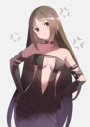 Rule 34 | 1girl, anger vein, bare shoulders, black dress, black gloves, blush, breasts, brown eyes, brown hair, center opening, choker, cleavage, collarbone, dress, elbow gloves, fate/grand order, fate (series), gloves, highres, long hair, looking at viewer, medium breasts, revealing clothes, revision, ribbon-trimmed dress, simple background, very long hair, yu mei-ren (fate), zenshin