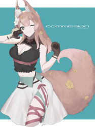 Rule 34 | 1girl, 5tsukado, animal ear fluff, animal ears, belt, black gloves, blue eyes, breasts, brown belt, brown hair, cleavage, closed mouth, commission, crescent, english text, film grain, flower, fox ears, fox tail, gloves, hair flower, hair ornament, hair ribbon, highres, hizuki rurufu, leg ribbon, light brown hair, looking at viewer, navel, one eye closed, red ribbon, ribbon, signature, smile, snack nili, solo, tail, thigh ribbon, virtual youtuber, white flower, wolf girl, yellow flower