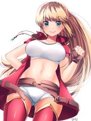 Rule 34 | &gt;:), 1girl, 8931ponzu, belt, blonde hair, blue eyes, blush, breasts, brown gloves, closed mouth, cowboy shot, crop top, final fantasy, final fantasy xiv, fingerless gloves, gloves, jacket, jewelry, large breasts, long hair, looking at viewer, lyse hext, midriff, navel, open clothes, open jacket, pendant, red jacket, red thighhighs, short shorts, short sleeves, shorts, smile, solo, stomach, swept bangs, thighhighs, v-shaped eyebrows