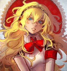 Rule 34 | aegis (persona), alternate hairstyle, android, armband, blonde hair, blue eyes, bow, bowtie, breasts, colored eyelashes, floating hair, fringe trim, hairband, highres, long hair, looking at viewer, medium breasts, parted lips, persona, persona 3, red armband, red bow, red bowtie, red circle, signature, takanoezz, teeth, upper body, wavy hair
