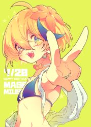Rule 34 | 1girl, absurdres, bikini, bikini top only, blonde hair, blue eyes, chariki, ear piercing, facing to the side, fang, fangs, flat chest, highres, indie virtual youtuber, looking at viewer, miushi mase, multicolored eyes, open mouth, piercing, solo, swimsuit, v, virtual youtuber, yellow background, yellow eyes