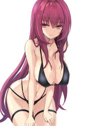 Rule 34 | 1girl, bad id, bad pixiv id, bare arms, bare shoulders, bikini, black bikini, breasts, cleavage, collarbone, commentary request, fate/grand order, fate (series), groin, hair intakes, hands on own thighs, highres, kesoshirou, large breasts, leaning forward, long hair, looking at viewer, multi-strapped bikini, navel, purple hair, scathach (fate), sidelocks, simple background, solo, straight hair, sweat, swimsuit, thigh strap, very long hair, white background