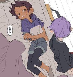 Rule 34 | 2girls, amity blight, bed, blanket, blush, brown eyes, brown hair, cellphone, dark-skinned female, dark skin, dayama, hood, hoodie, pantyhose under shorts, looking at another, luz noceda, lying, multiple girls, pantyhose, phone, pillow, pointy ears, purple hair, short hair, shorts, smartphone, smartphone case, speech bubble, sweat, the owl house, translation request