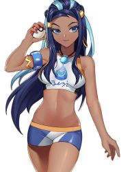 Rule 34 | 1girl, absurdres, aqua hair, armband, armlet, blue eyes, blue hair, breasts, closed mouth, collarbone, commentary, cowboy shot, creatures (company), dark-skinned female, dark skin, earrings, forehead, game freak, gym leader, highres, holding, holding poke ball, jewelry, long hair, looking to the side, medium breasts, midriff, multicolored hair, navel, nessa (pokemon), nintendo, poke ball, poke ball (basic), pokemon, pokemon swsh, short shorts, shorts, simple background, skindentation, sleeveless, solo, standing, streaked hair, thighs, toned, white background, woshikun01