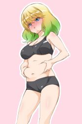 Rule 34 | 1girl, :t, absurdres, annoyed, bare shoulders, belly, belly grab, bike shorts, blonde hair, blue eyes, blush, breasts, cleavage, collarbone, full-face blush, gradient hair, green hair, highres, large breasts, long hair, looking down, midriff, multicolored hair, navel, otomi mayura, pink background, plump, pout, simple background, solo, sousei no onmyouji, sports bra, sportswear, standing, sukeno yoshiaki, tearing up, tears, thighs, two-tone hair, underwear, underwear only, weight conscious, weight gain