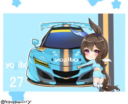 Rule 34 | 1girl, admire vega (umamusume), animal ears, ass, blue jacket, blue shorts, blush, boots, bow, brown hair, car, closed mouth, clothing cutout, commentary request, ear covers, hair between eyes, honda civic, horse ears, horse girl, horse tail, horseshoe, jacket, long hair, long sleeves, looking at viewer, motor vehicle, multicolored background, peteron, ponytail, purple eyes, race vehicle, racecar, shorts, single ear cover, solo, spoiler (automobile), sports car, tail, tail through clothes, thigh boots, umamusume, white bow, white footwear, yogibo racing