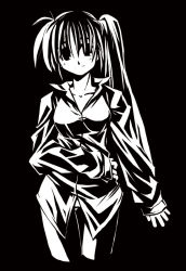 Rule 34 | 00s, 1girl, black background, collarbone, collared shirt, greyscale, long hair, long sleeves, looking at viewer, lyrical nanoha, mahou shoujo lyrical nanoha, mahou shoujo lyrical nanoha strikers, monochrome, pants, shirt, side ponytail, simple background, solo, standing, takamachi nanoha, very long hair