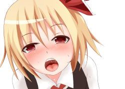 Rule 34 | 1girl, blonde hair, bow, hyaa, looking at viewer, open mouth, red eyes, rumia, saliva, short hair, simple background, touhou, white background