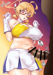 Rule 34 | 1girl, @ @, ahoge, artist name, bar censor, poking belly, big belly, black-framed eyewear, blonde hair, blue archive, blue skirt, blush, breasts, censored, commentary request, covered erect nipples, cowboy shot, glasses, gloves, gradient background, hair over eyes, halo, highres, jin nai, kotori (blue archive), kotori (cheer squad) (blue archive), large breasts, millennium cheerleader outfit (blue archive), miniskirt, navel, open mouth, orange background, out of frame, penis, penis on stomach, pleated skirt, plump, purple background, red eyes, sanpaku, semi-rimless eyewear, short twintails, skirt, solo focus, speech bubble, sweat, teardrop-framed glasses, thick thighs, thighs, translation request, triangle halo, twintails, under-rim eyewear, veins, veiny penis, white gloves, white skirt, wing collar, yellow background, yellow halo, yellow skirt
