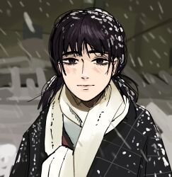 Rule 34 | 1girl, black eyes, black hair, black jacket, chainsaw man, commentary, english commentary, goldenpenhd, highres, jacket, light smile, low twintails, mitaka asa, scarf, snow, snowing, solo, twintails, upper body, white scarf, winter clothes