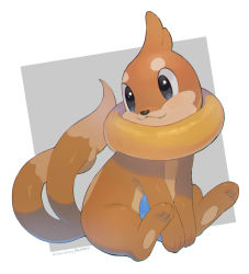 Rule 34 | black eyes, buizel, closed mouth, commentary request, creatures (company), fang, fang out, full body, game freak, gen 4 pokemon, highres, kikuyoshi (tracco), looking back, nintendo, pokemon, pokemon (creature), signature, sitting, smile, toes