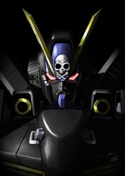 Rule 34 | artist logo, black background, crossbone gundam, crossbone gundam x-2, glowing, glowing eyes, gundam, highres, looking at viewer, mecha, mobile suit, no humans, portrait, red eyes, robot, science fiction, simple background, skull and crossbones, v-fin, yatta070622