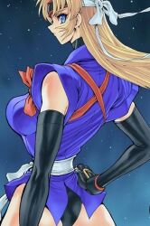 Rule 34 | 1girl, ass, black gloves, blonde hair, blue eyes, blue kimono, breasts, elbow gloves, gloves, hairband, hand on own hip, japanese clothes, kasaki yoshihiko, kimono, large breasts, long hair, looking back, martial champion, racheal, sky, star (sky), star (symbol), starry background, starry sky