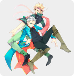Rule 34 | 2boys, blonde hair, blue eyes, caesar anthonio zeppeli, capcom, crossover, devil may cry (series), facial mark, feather hair ornament, feathers, green jacket, haine (howling), feather hair ornament, headband, highres, jacket, jojo no kimyou na bouken, male focus, multiple boys, scarf, short hair, vergil (devil may cry), white hair