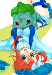Rule 34 | 10s, 1girl, blue eyes, boots, breasts, bulbasaur, creatures (company), game freak, gen 1 pokemon, gloves, gym leader, hair ornament, large breasts, lips, long hair, lying, nintendo, nokuran, on back, pokemon, pokemon (creature), pokemon bw, pouch, red eyes, red hair, short shorts, shorts, sitting, sitting on person, skyla (pokemon), smile, suspenders, thigh pouch