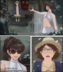 Rule 34 | 2girls, autumn-sacura, blush, breasts, brown eyes, brown hair, comic, commentary, earrings, emphasis lines, english text, fountain, glasses, groin, halterneck, hat, hoop earrings, jewelry, kubo mitsurou (character), leggings, lips, multiple girls, onsen, open mouth, outstretched arm, over-rim eyewear, real life, semi-rimless eyewear, short ponytail, side slit, skirt, small breasts, smile, sunglasses, teeth, veil, white skirt, yamamoto sayo