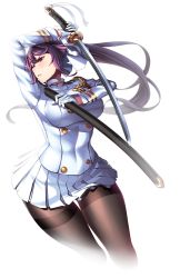 Rule 34 | 1girl, absurdres, azur lane, black hair, black pantyhose, blush, bow, breasts, brown eyes, floating hair, gloves, hair bow, hair flaps, half-closed eyes, half gloves, hiememiko, highres, holding, holding sheath, holding sword, holding weapon, jacket, katana, large breasts, long hair, military, military uniform, miniskirt, pantyhose, parted lips, pleated skirt, ponytail, ribbon, sheath, simple background, skirt, solo, sword, takao (azur lane), thighband pantyhose, uniform, very long hair, weapon, white background, white bow, white gloves, white jacket, white ribbon, white skirt