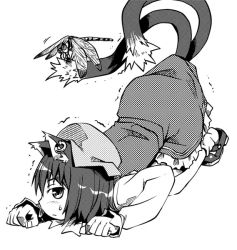 Rule 34 | 1girl, animal ears, bug, cat ears, cat girl, cat tail, chen, dragonfly, earrings, female focus, greyscale, insect, jewelry, kannazuki hato, lifted by tail, monochrome, multiple tails, simple background, solo, tail, touhou, trembling